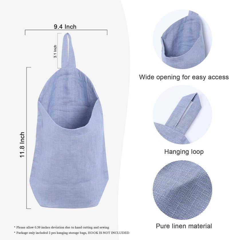 HSOFTIFY 100% Linen Hanging Bags - 2 Pcs, Small Wall Storage Baskets for Kitchen, Bedroom, RV, Camper Organizer, Sewing Room, Nursery, Kids Room, Blue - Image 2
